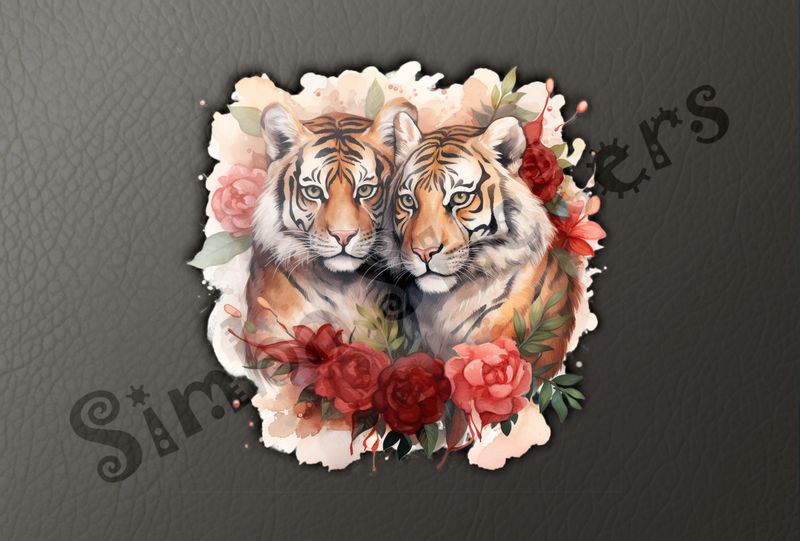 Tigers in love in rose flowers, watercolour