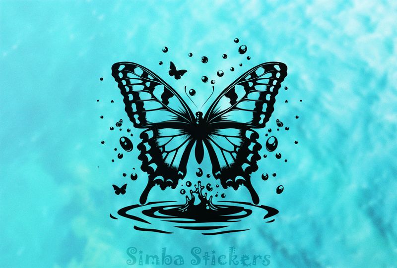 Butterfly floating above a river and making a splash, outline art, l4vw2l