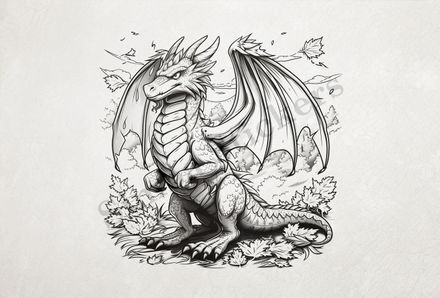 Dragon standing upright, in forestry outline art