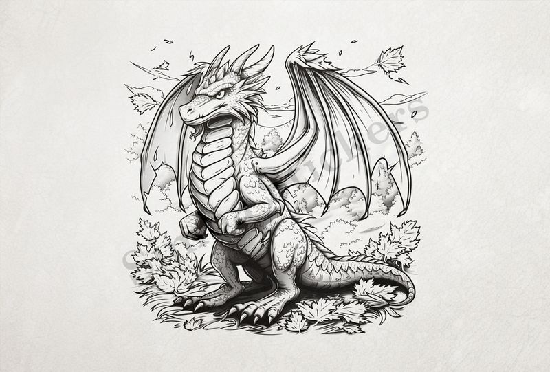 Dragon standing upright, in forestry outline art