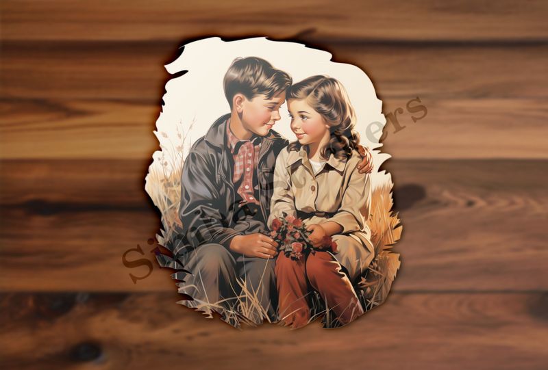 Boy and girl sitting, girl holding flowers