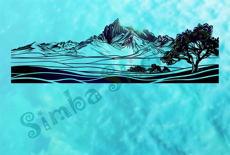 African Savanna landscape, sunny mountain range, outline art