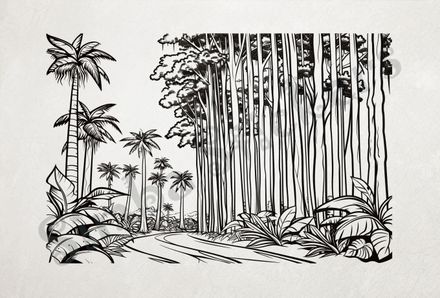 Equatorial Rainforest landscape, tall trees with giant leaves, outline art