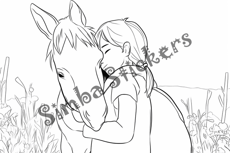Colouring pages, bundle of mules hugged by child, 10 images