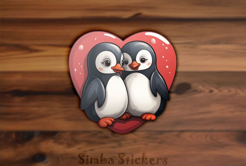 Penguins cheek-to-cheek smiling with glossy Valentine&#x27;s heart, 7r47dp