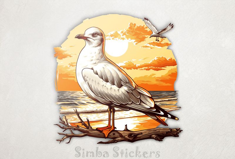 Seagull on a branch by the beach, watercolour, kajxgx