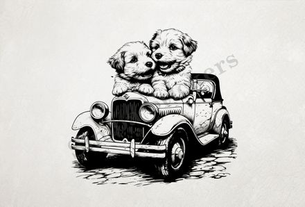 Dogs in love sitting on the hood of a classic car, outline art