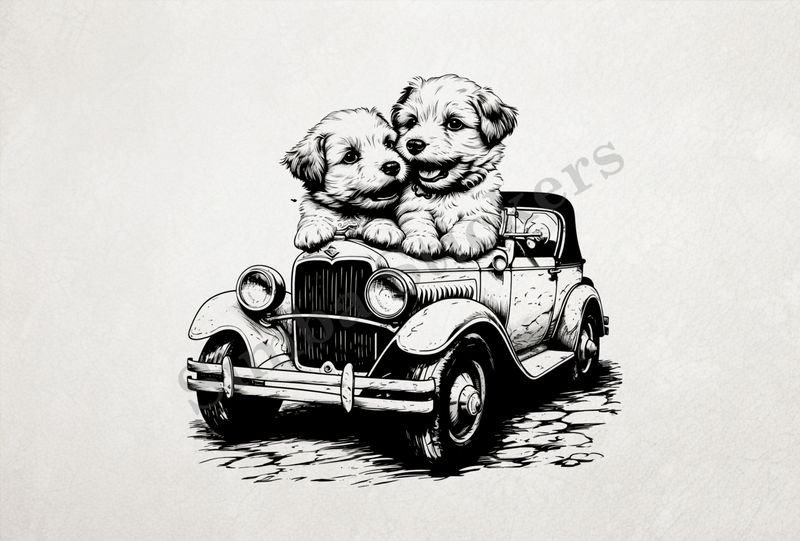 Dogs in love sitting on the hood of a classic car, outline art