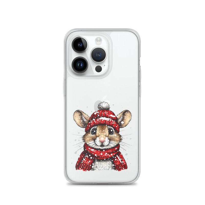 Clear Case for iPhone, Mouse wearing red winter hat and scarf in the snow, xg8dl3