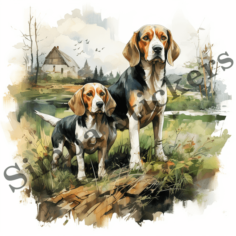 Beagle dogs in the wild, watercolour, image set, 10 images