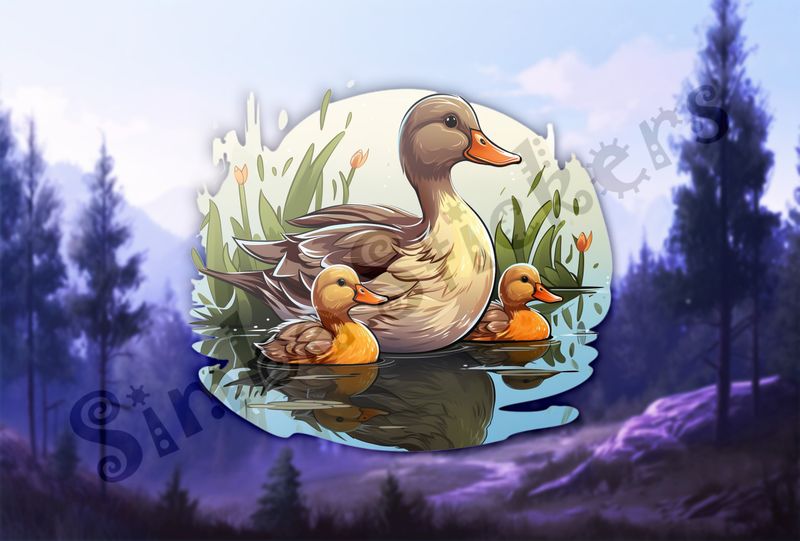 Mother duck with ducklings swimming 