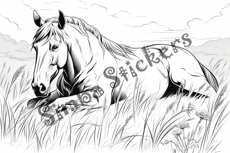 Colouring pages, bundle of horses on stomach, 10 images