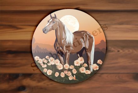 Brown horse in field of flowers at sunset