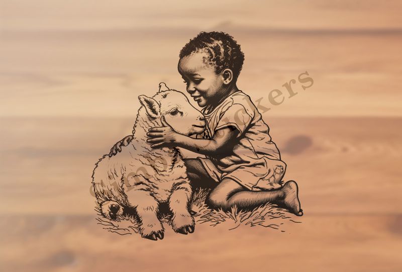 Lamb hugged by happy little boy of African origin, outline art