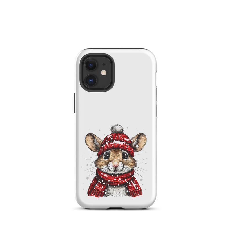Tough Case for iPhone, Mouse wearing red winter hat and scarf in the snow, xg8dl3