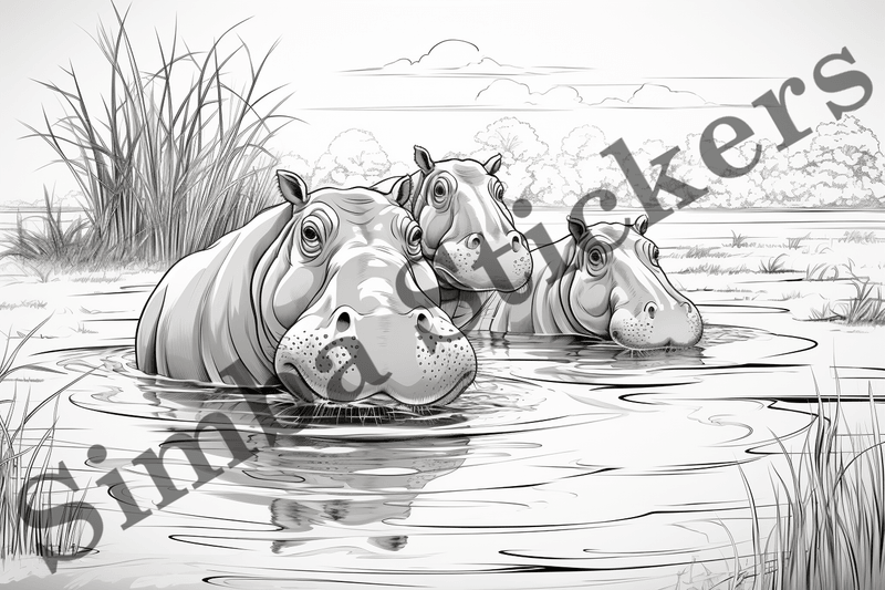 Colouring pages, Bundle of hippos, 25 images