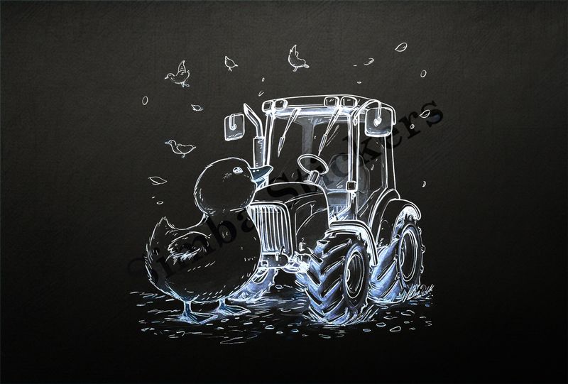 Duckling expressing love of farmer&#x27;s tractor, outline art