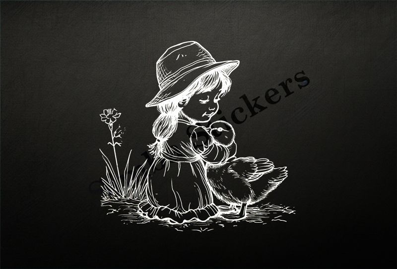 Duck embraced by small girl wearing cute hat, outline art