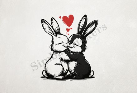 Bunnies in love, nose-to-nose, hearts in air, outline art