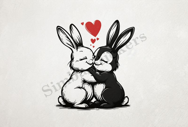 Bunnies in love, nose-to-nose, hearts in air, outline art