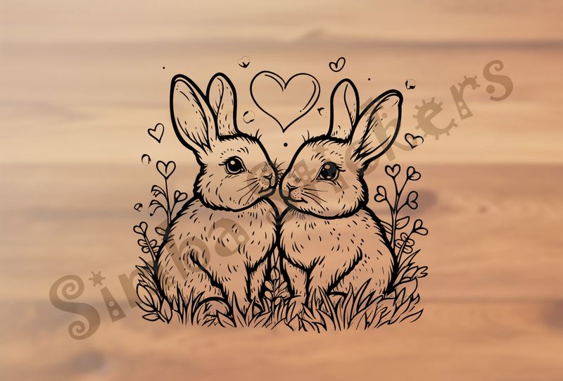 Hares in love, Valentine&#x27;s heart above, outline art