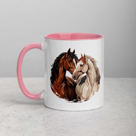 White Ceramic Mug with Color Inside, 11&amp;15oz, Horses nose-to-nose, jbgjpy