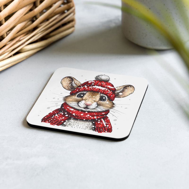Cork-Back Coaster, Mouse wearing red winter hat and scarf in the snow, xg8dl3