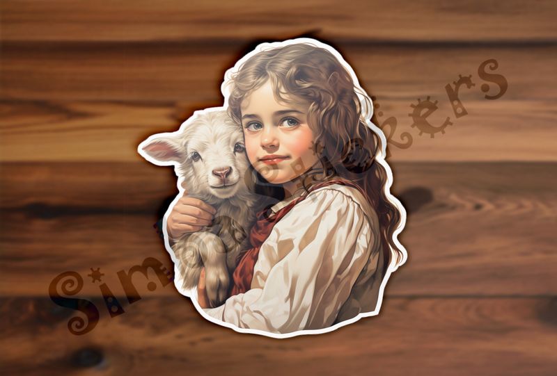 Goat kid in arms of girl of European origin