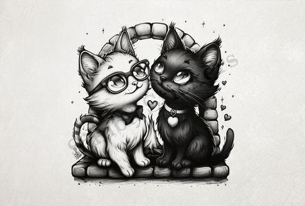 Cats, one in glasses, by the fireplace, outline art