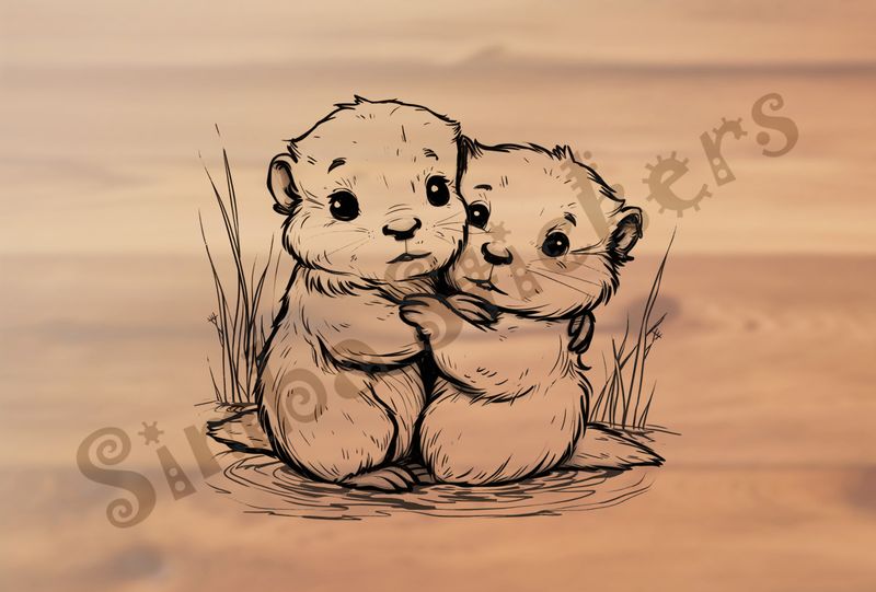 Beavers embracing each other worryingly, outline art
