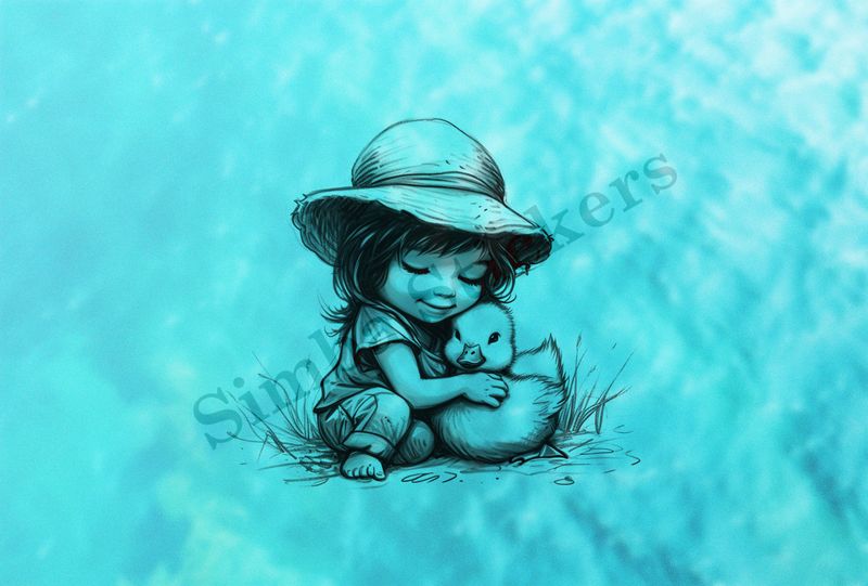 Duckling hugged by small kneeling girl in a hat, outline art