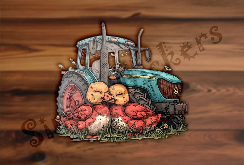 Ducks cuddling in front of green tractor