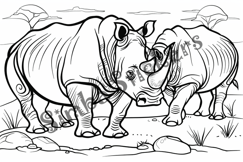 Colouring pages, bundle of rhino duos, 10 images