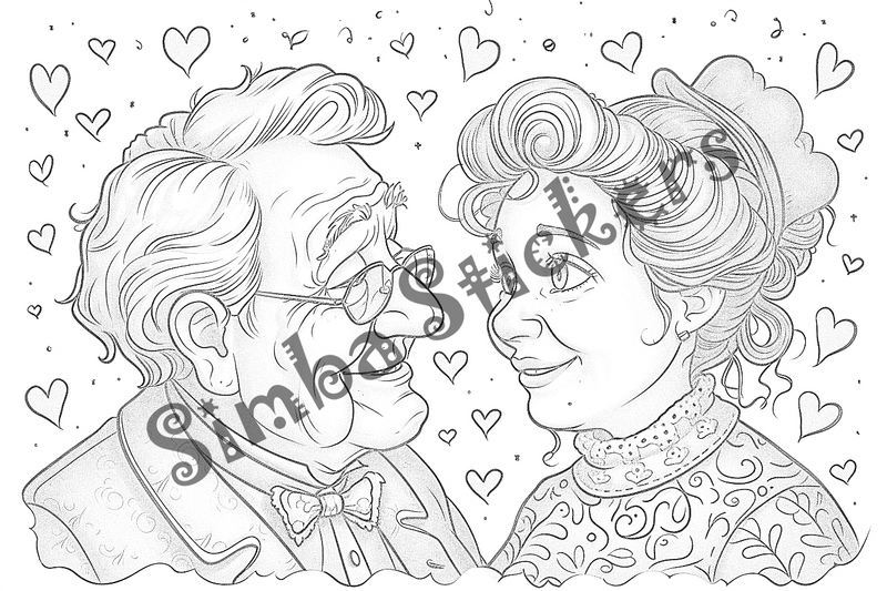 Colouring pages, bundle of people, grandparents in love, 25 images