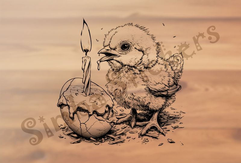 Chick about to blow out birthday candle stuck inside egg