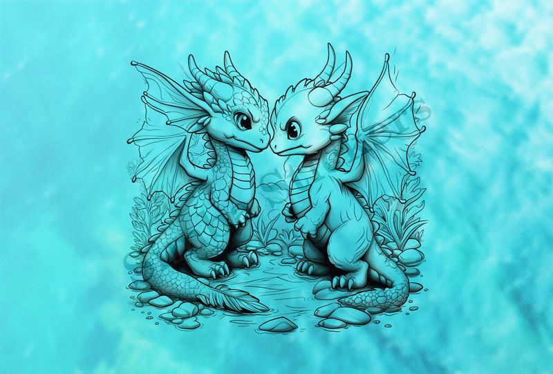 Baby dragons nose-to-nose in love, outline art