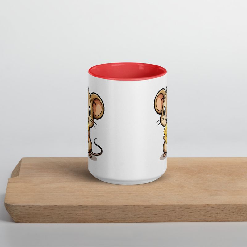 White Ceramic Mug with Color Inside,11&amp;15oz,Small Mouse happily licking large chunk of cheese,pqapy6