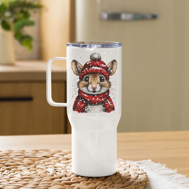 Travel Mug, Cattle, Mouse wearing red winter hat and scarf in the snow, xg8dl3