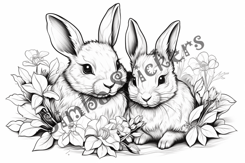 Colouring pages, bundle of rabbits in love, 10 images