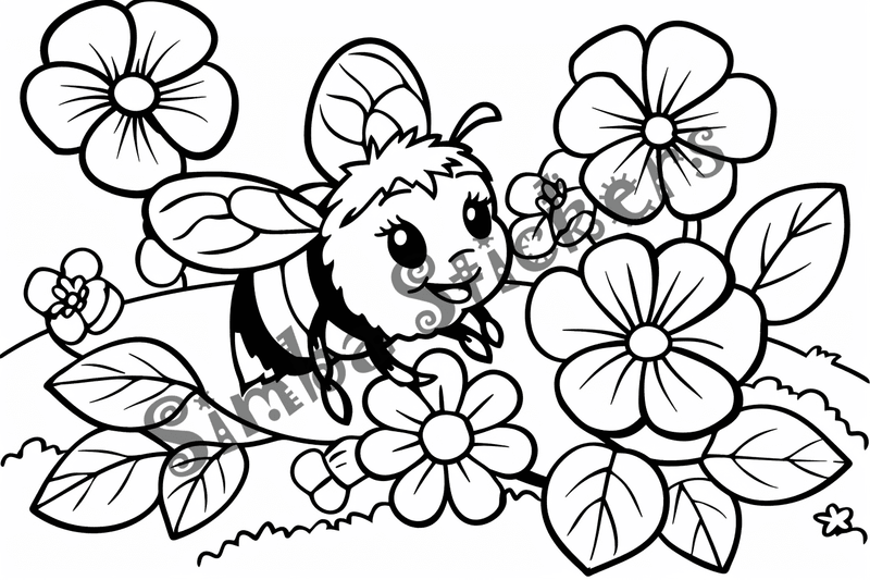 Colouring pages, bundle of bees around flowers, 10 images