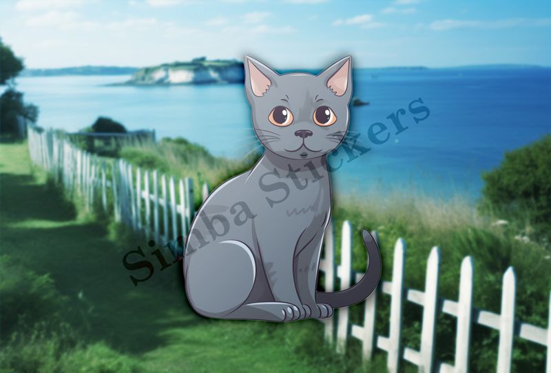 Russian blue cat sitting, tail wagging