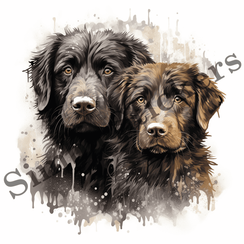 Newfoundland dogs wet in the rain, watercolour, image set, 10 images