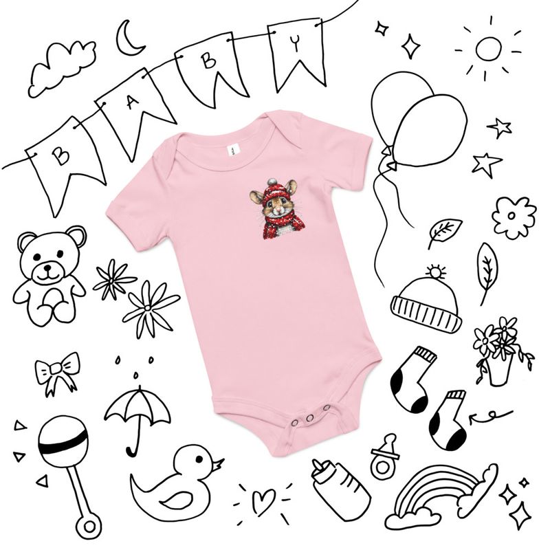 Baby Short Sleeve One Piece, 3-24 Months, Mouse wearing red winter hat and scarf, xg8dl3, left chest