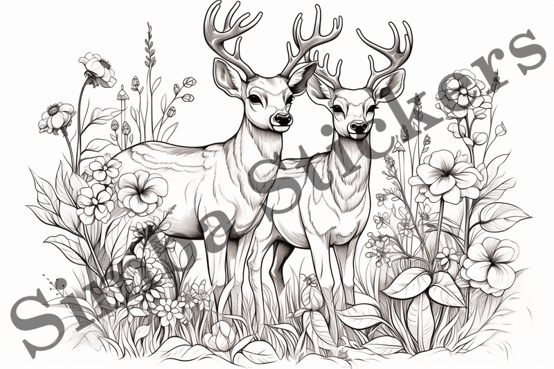 Colouring pages, bundle of deer, 25 images