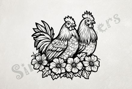 Rooster and hen chicken cuddling over flowers, outline art