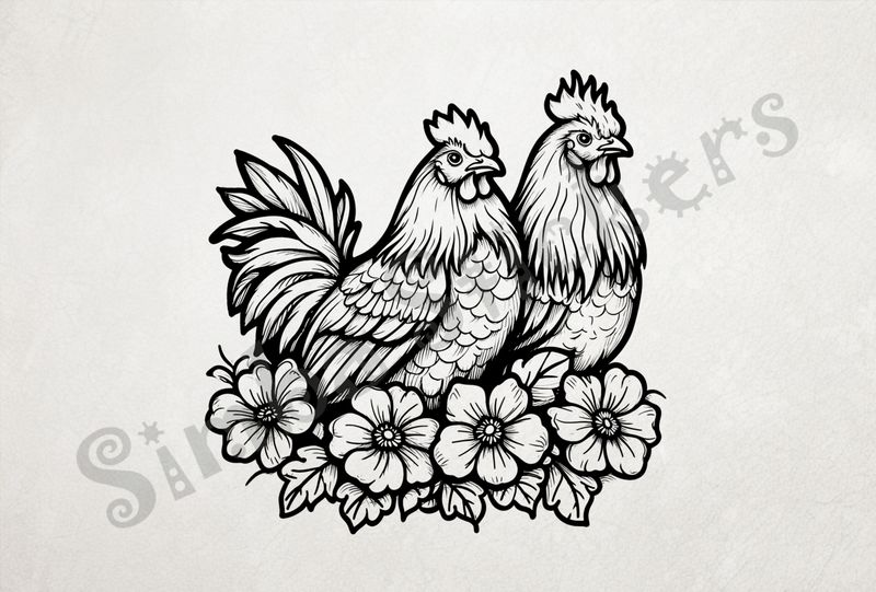 Rooster and hen chicken cuddling over flowers, outline art