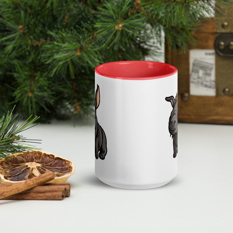 White Ceramic Mug with Color Inside, 11oz &amp; 15oz, Black rhino calf looking cute 