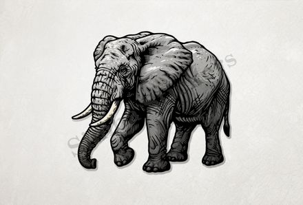Elephant, walking, from side, outline art