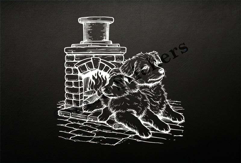 Dogs cuddling cosily by a fireplace,  outline art