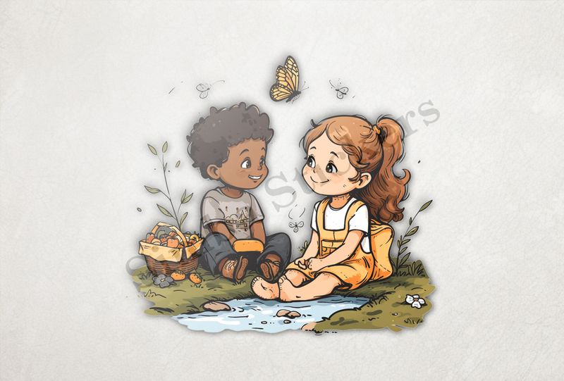 Boy and girl with a picnic basket by a pond, butterfly in the air